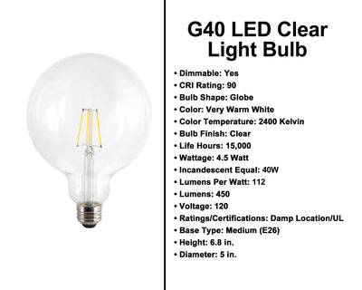 4.5 Watt - 450 Lumens - Clear G40 Globe Light Bulb - 2400 Kelvin