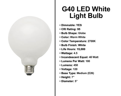 4.5 Watt - 450 Lumens - White G40 Globe Light Bulb - 2700 Kelvin