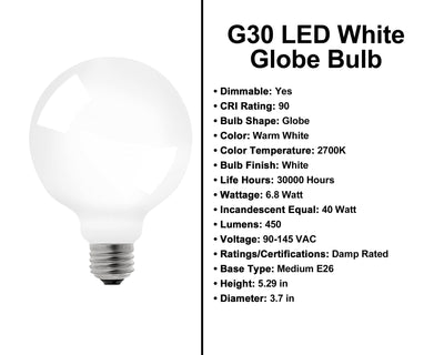 6.8 Watt - 450 Lumens - LED G30 White Light Bulb